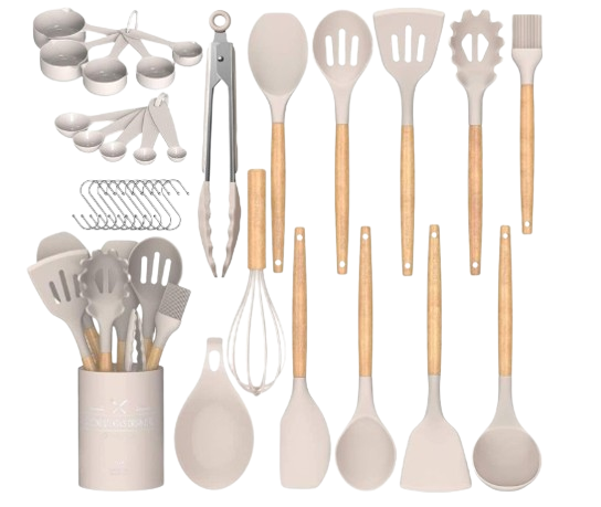 Umite Chef Kitchen Cooking Utensils Set, 33 pcs Non-Stick Silicone Cooking Kitchen Utensils Spatula Set with Holder, Wooden Handle Silicone Kitchen Gadgets Utensil Set (Khaki)